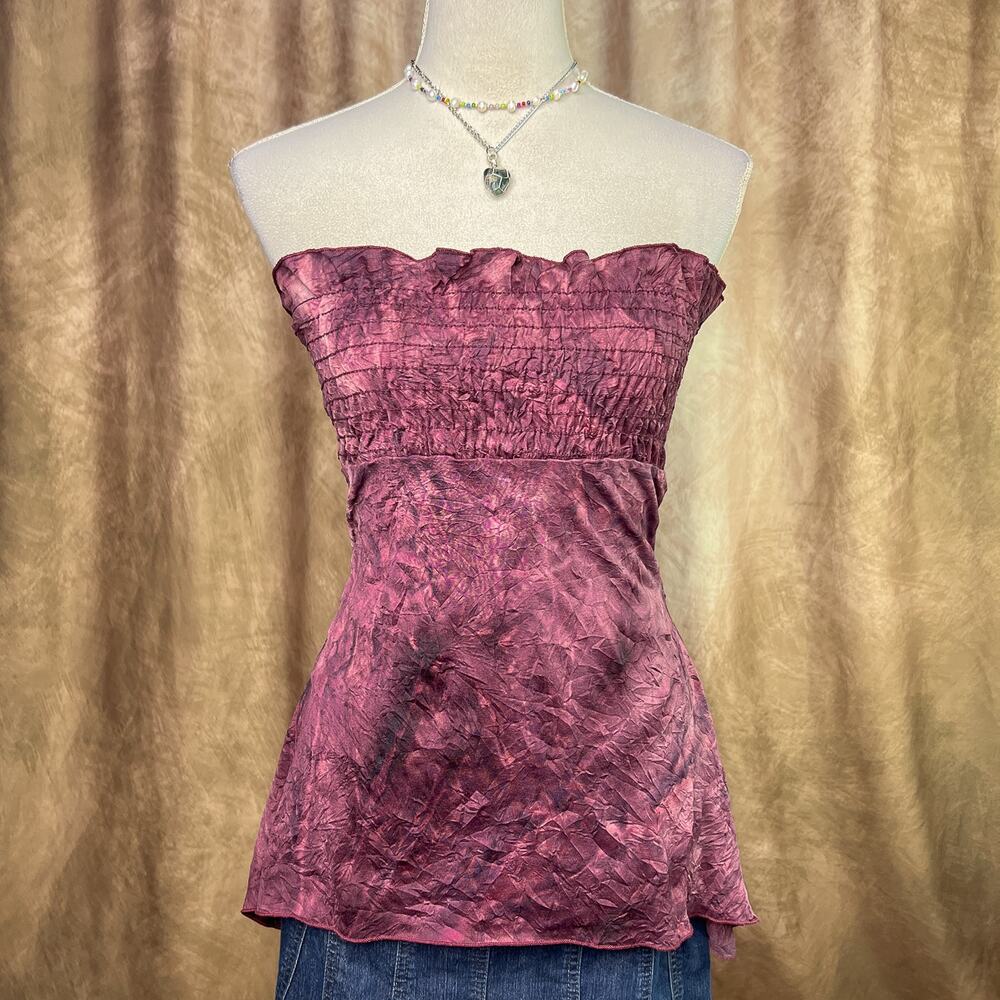 Vintage Y2K Tube Top Tie Dye Smocked Ruched Strapless Flared Boho Indie McBling